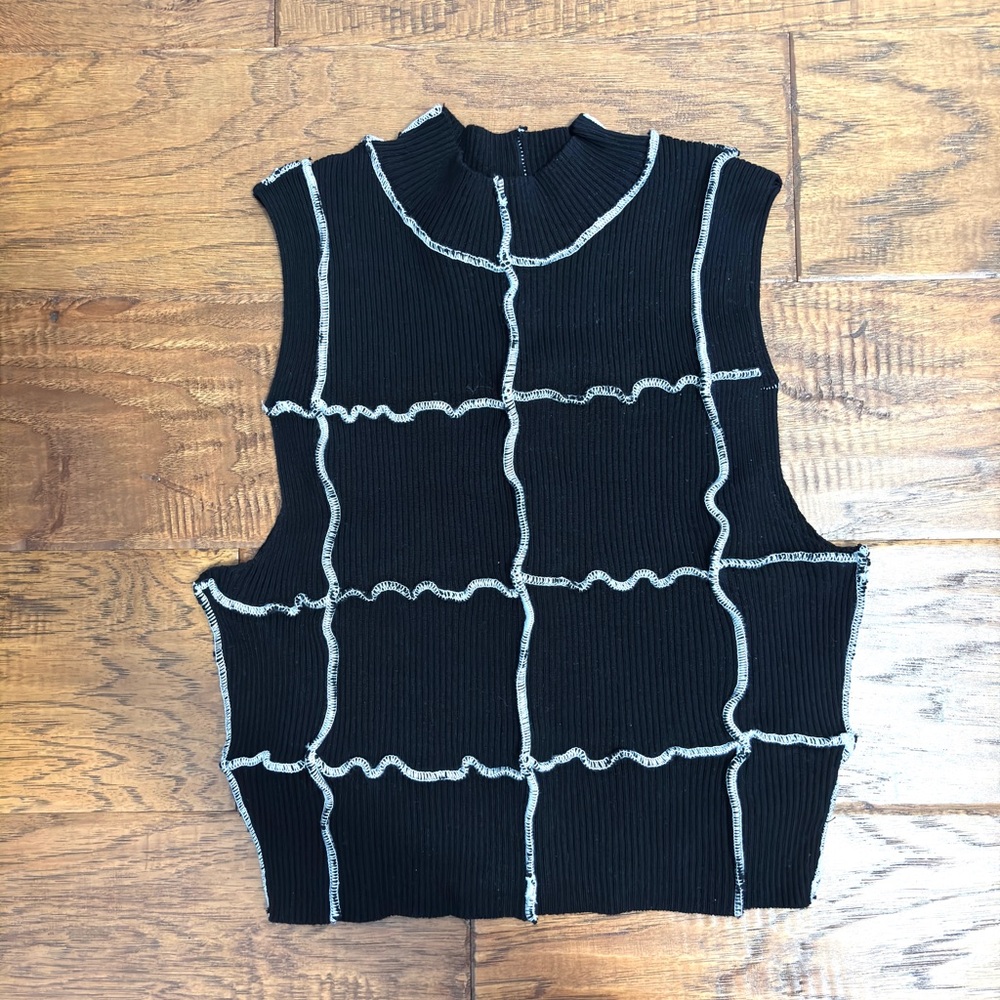 Black Sleeveless Knit Top with White Trim